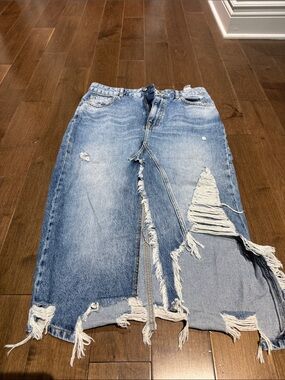 Bershka Distressed Light Blue Denim Midi Skirt